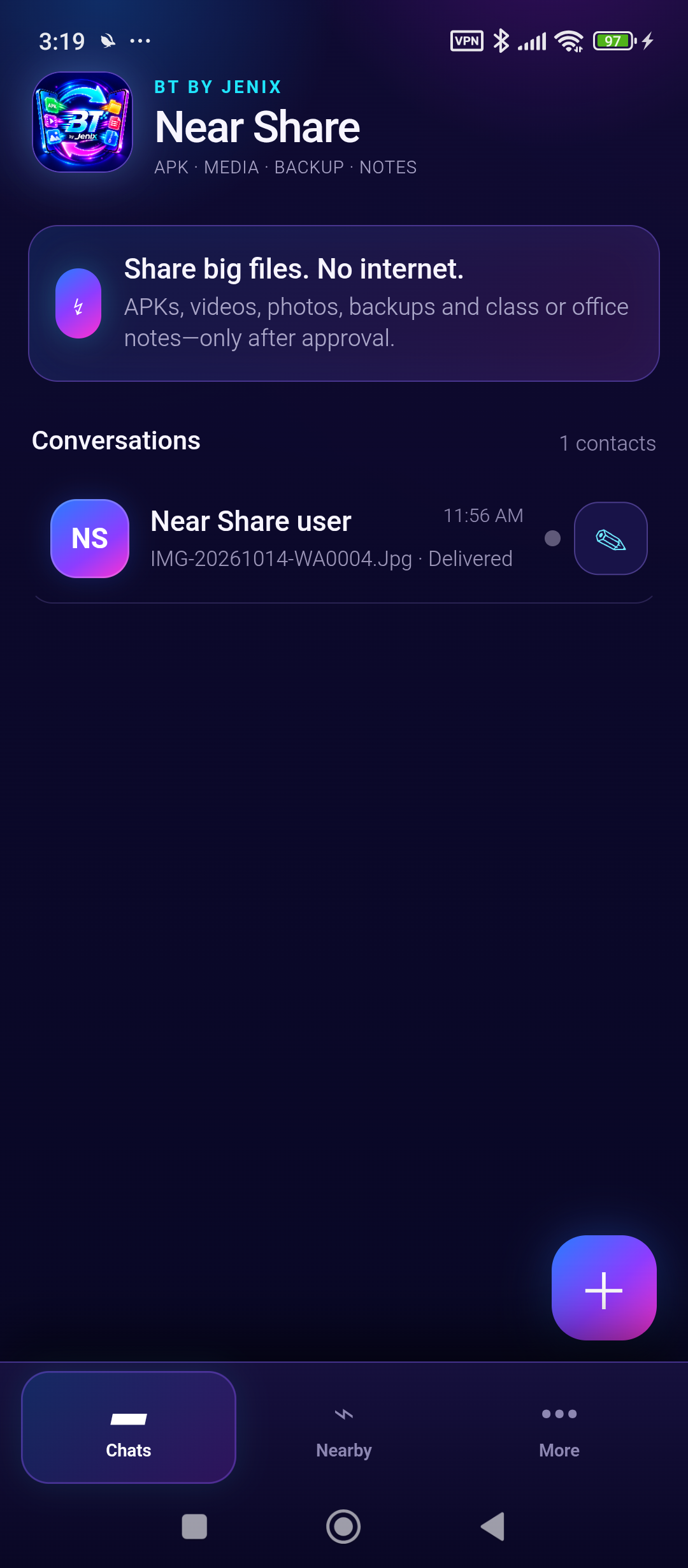 Near Share conversation and file history screen
